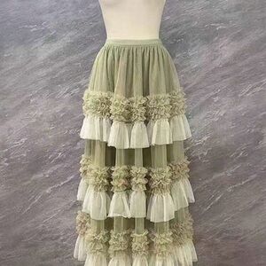Elegant Sage Layered Tulle Maxi Skirt - Women